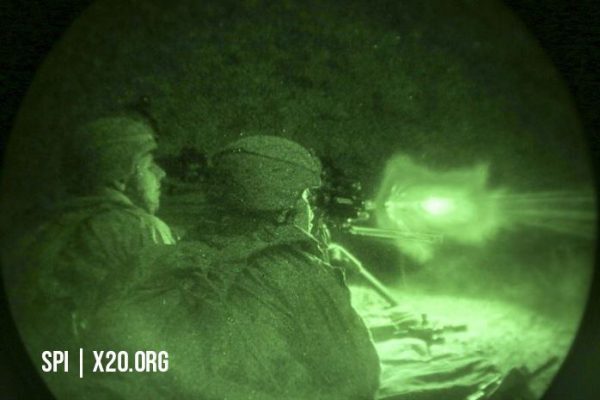 Military live fire viewed through white phosphorus night vision